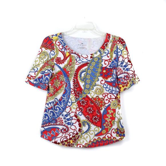 TALBOTS Red White Blue Paisley Roll Sleeve T Shirt - Picture 3 of 6